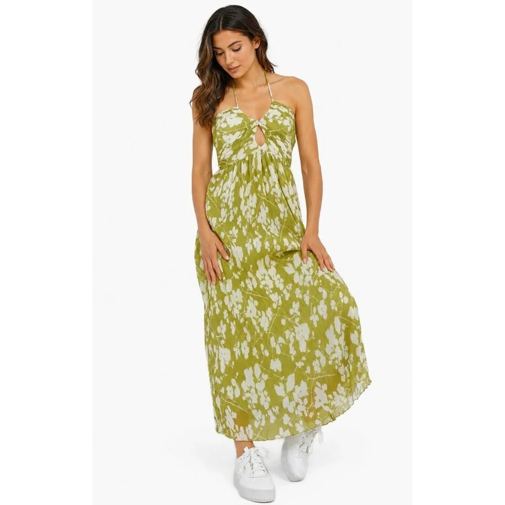 ABERCROMBIE & FITCH Women's Maxi Dress Halter XL Floral Green White Pleated